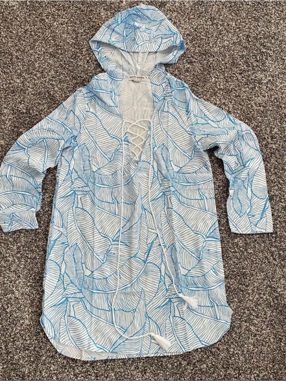 Charlie Holiday Cover Up XS Blue White Leaf Print Hooded Beach Swim Womens